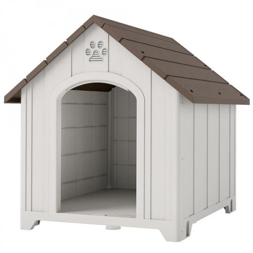 Caseta para Perros Exterior Casa para Perros Grandes de Plástico con 2 Ventanas Base Elevada Estacas Marrón Oscuro [9]