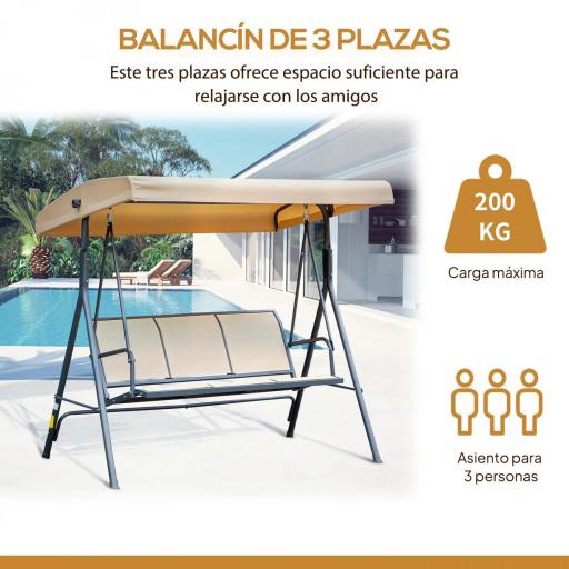 Columpio de Jardín Exterior de 3 Plazas con Toldo Reclinable Respaldo Transpirable Marco de Acero 175x118x159 cm Beige [4]