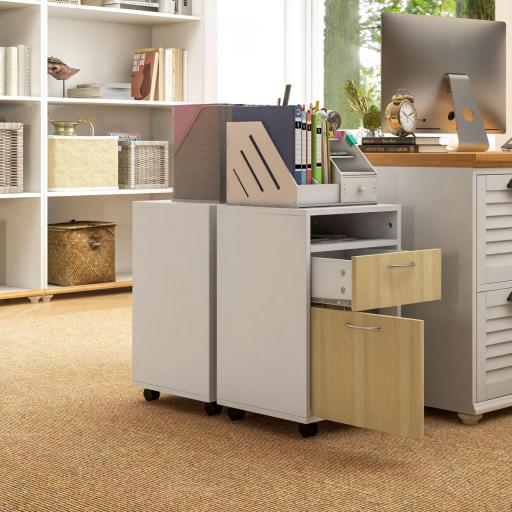 Cajonera de Oficina Móvil con Cajón y Armario con Ruedas Soporte de Impresora para Estudio 40x35x60 cm Blanco y Natural [7]