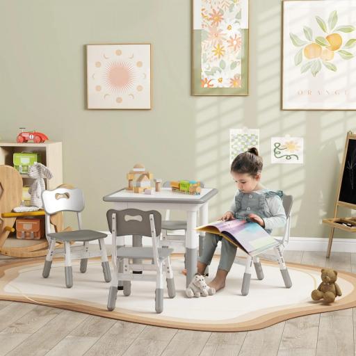 Conjunto 1 mesa y 4 sillas para niños con altura ajustable, set de 5 piezas, Gris