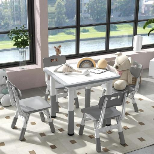 Conjunto 1 mesa y 4 sillas para niños con altura ajustable, set de 5 piezas, Gris [3]