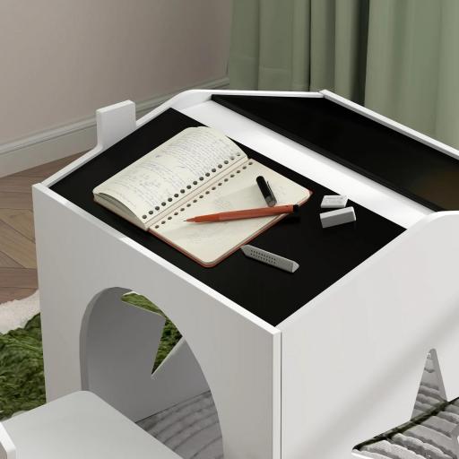 Conjunto 1 mesa y 2 silla 3 piezas para niños, tablero de pizarra, MDF y patas de pino, para 3-8 años, Blanco [1]