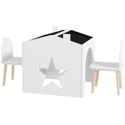 Conjunto 1 mesa y 2 silla 3 piezas para niños, tablero de pizarra, MDF y patas de pino, para 3-8 años, Blanco [6]