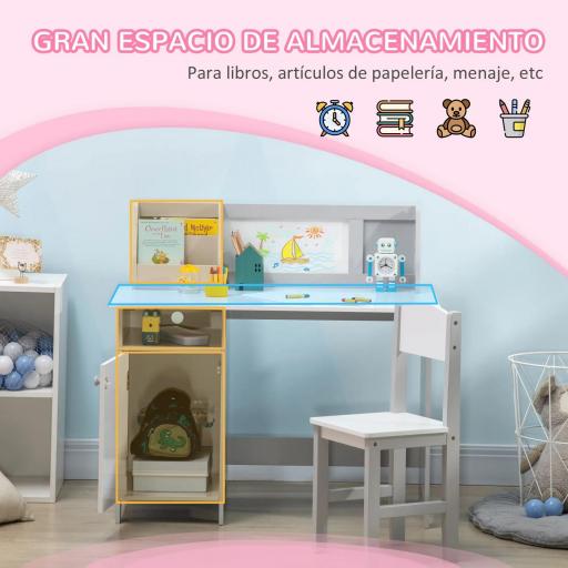 Escritorio Infantil de Madera con Silla y Mesa con Organizador y Pizarra Blanca para +5 Años 90x45x85 cm Gris [4]