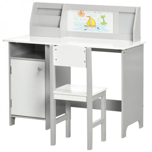 Escritorio Infantil de Madera con Silla y Mesa con Organizador y Pizarra Blanca para +5 Años 90x45x85 cm Gris [3]
