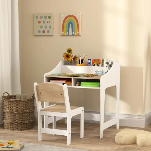 Conjunto de mesa y silla para niños de 3 a 8 años con compartimentos y estantes abiertos, efecto madera natural
