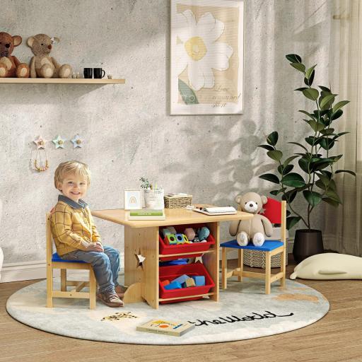 Mesa Infantil con 2 Sillas y 4 Cestas de Almacenamiento Juego de Muebles para Actividades para Niños de +3 Años Natural