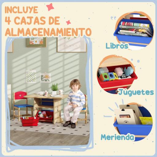 Mesa Infantil con 2 Sillas y 4 Cestas de Almacenamiento Juego de Muebles para Actividades para Niños de +3 Años Natural [3]