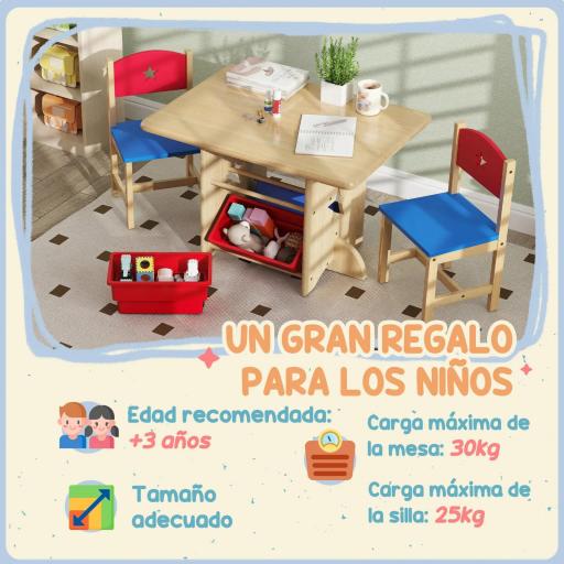 Mesa Infantil con 2 Sillas y 4 Cestas de Almacenamiento Juego de Muebles para Actividades para Niños de +3 Años Natural [1]