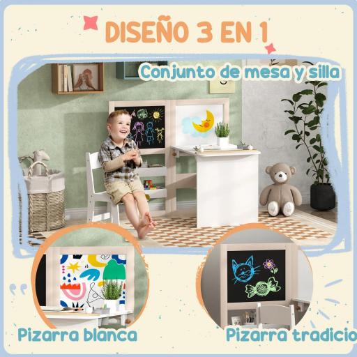 Mesa Infantil con Silla y Caballete Plegable Mesa para Niños de +3 Años con Estantes y Rollo de Papel Blanco [5]