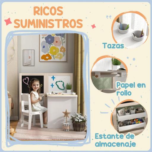 Mesa Infantil con Silla y Caballete Plegable Mesa para Niños de +3 Años con Estantes y Rollo de Papel Blanco [6]