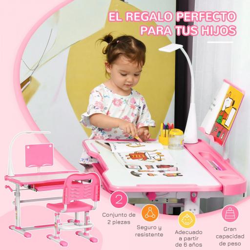 Escritorio y Silla para +6 Años con Altura Ajustable e Inclinable 80x49,5x82-104 cm y 35,5x43,5x63-73 cm Rosa [2]