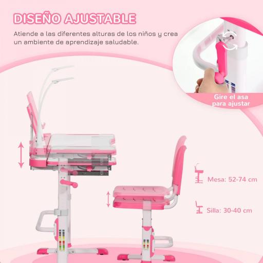 Juego de Escritorio y Silla para Niños de +6 Años Ajustable con Mesa Inclinable Lámpara Cajón y Estante para Libros Gris [8]