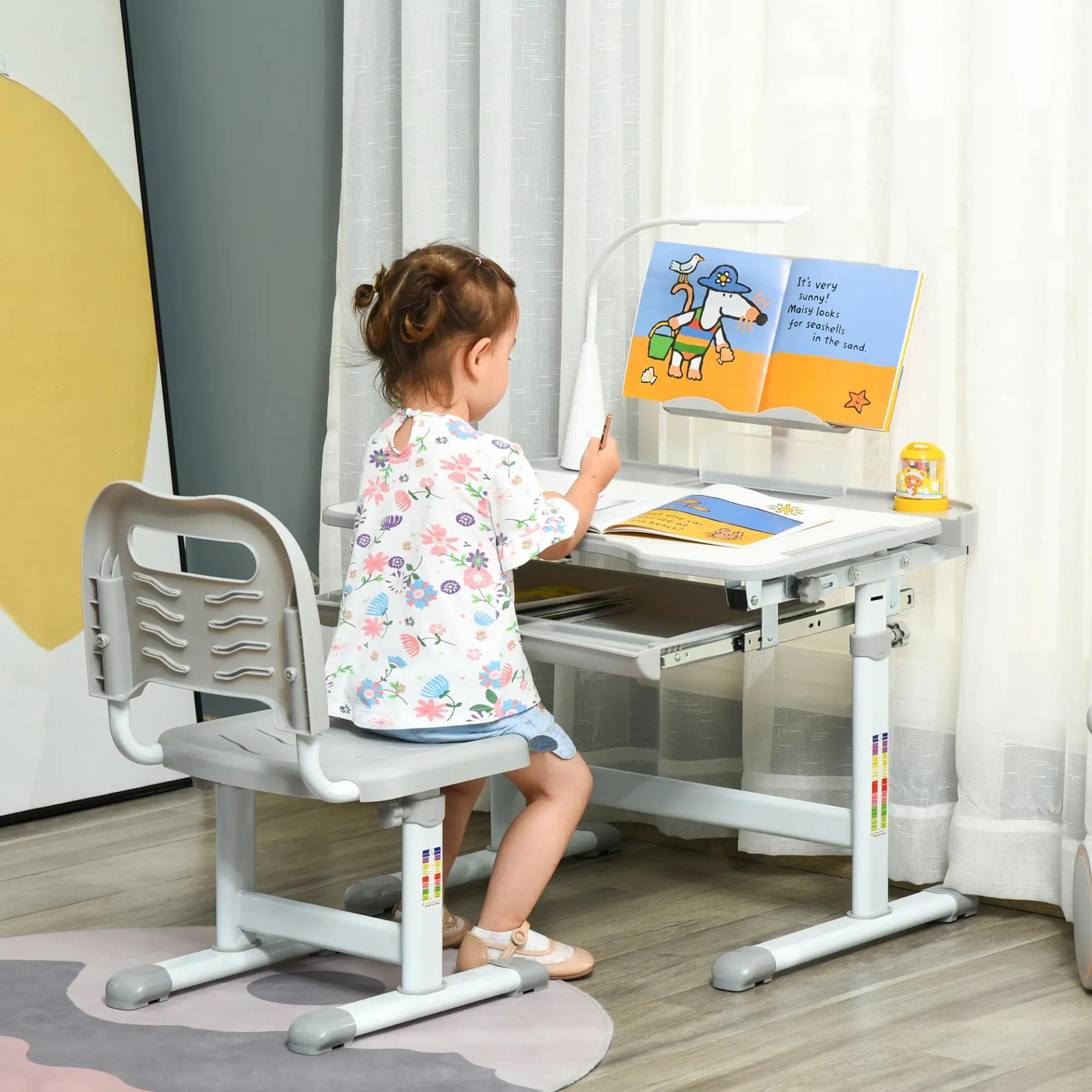 Juego de Escritorio y Silla para Niños de +6 Años Ajustable con Mesa Inclinable Lámpara Cajón y Estante para Libros Gris