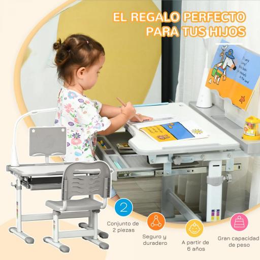 Juego de Escritorio y Silla para Niños de +6 Años Ajustable con Mesa Inclinable Lámpara Cajón y Estante para Libros Gris [4]