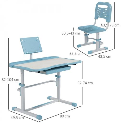 Pupitre Infantil Ajustable con 1 Cajón 1 Estante para Libros y Ángulo de Mesa Ajustable 80x49,5x82-104 cm Azul y Blanco [6]