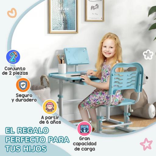 Pupitre Infantil Ajustable con 1 Cajón 1 Estante para Libros y Ángulo de Mesa Ajustable 80x49,5x82-104 cm Azul y Blanco [3]