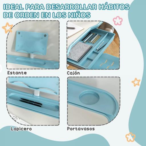 Pupitre Infantil Ajustable con 1 Cajón 1 Estante para Libros y Ángulo de Mesa Ajustable 80x49,5x82-104 cm Azul y Blanco [8]