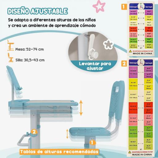 Pupitre Infantil Ajustable con 1 Cajón 1 Estante para Libros y Ángulo de Mesa Ajustable 80x49,5x82-104 cm Azul y Blanco [4]
