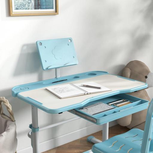 Pupitre Infantil Ajustable con 1 Cajón 1 Estante para Libros y Ángulo de Mesa Ajustable 80x49,5x82-104 cm Azul y Blanco [1]