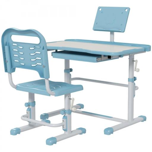 Pupitre Infantil Ajustable con 1 Cajón 1 Estante para Libros y Ángulo de Mesa Ajustable 80x49,5x82-104 cm Azul y Blanco [5]