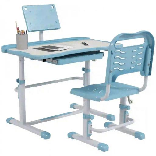 Pupitre Infantil Ajustable con 1 Cajón 1 Estante para Libros y Ángulo de Mesa Ajustable 80x49,5x82-104 cm Azul y Blanco [2]