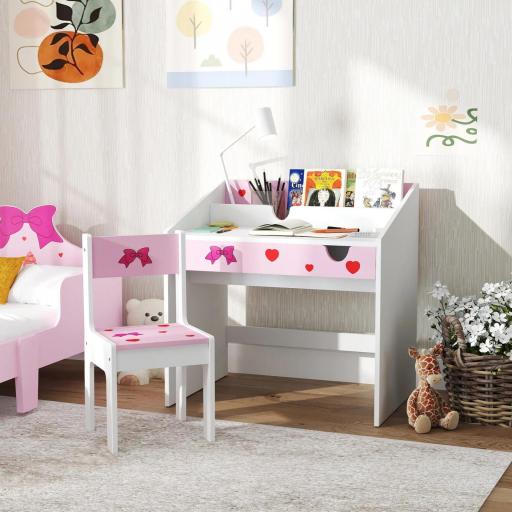 Juego de Escritorio y Silla para Niños de +3 Años con Cajón Extraíble y Compartimento Rosa y Blanco