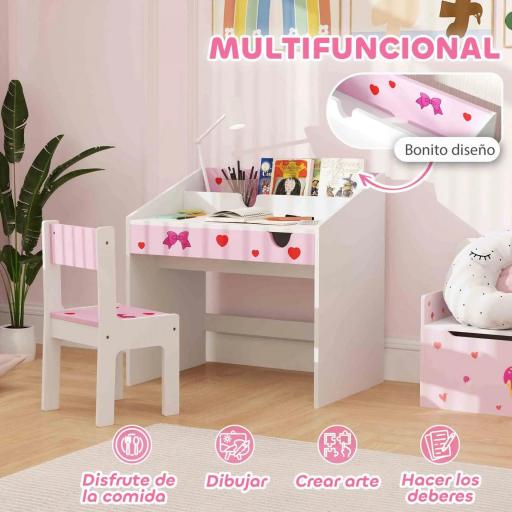 Juego de Escritorio y Silla para Niños de +3 Años con Cajón Extraíble y Compartimento Rosa y Blanco [10]