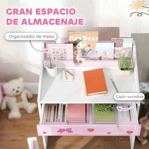 Juego de Escritorio y Silla para Niños de +3 Años con Cajón Extraíble y Compartimento Rosa y Blanco [5]