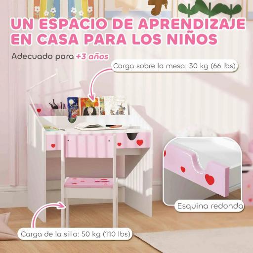 Juego de Escritorio y Silla para Niños de +3 Años con Cajón Extraíble y Compartimento Rosa y Blanco [6]
