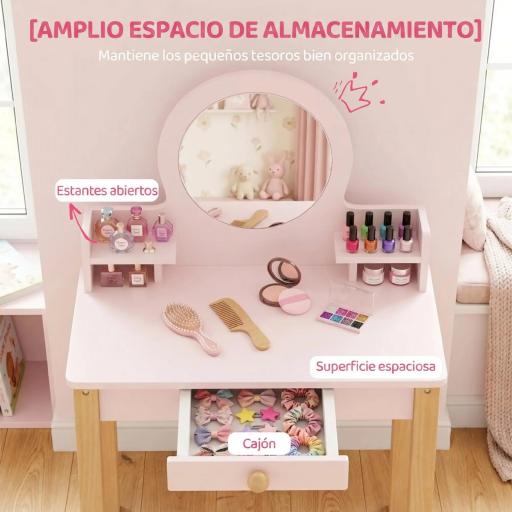 Tocador de Maquillaje Niña Tocador Infantil con Taburete Espejo Cajón y 2 Estantes Abiertos para Niños 3 a 6 Años Rosa [8]