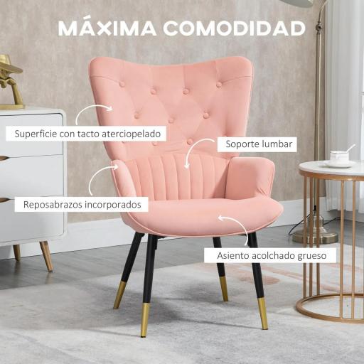 Butaca de Salón Sillón Individual Tapizado en Terciopelo con Respaldo Alto Estilo Moderno 68x72x103 cm Rosa [2]