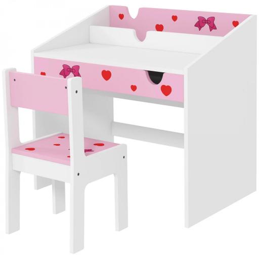 Juego de Escritorio y Silla para Niños de +3 Años con Cajón Extraíble y Compartimento Rosa y Blanco [3]