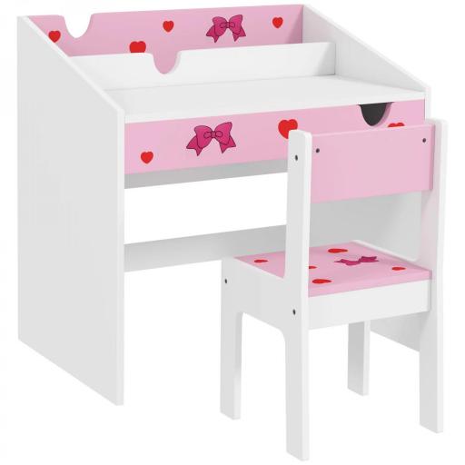 Juego de Escritorio y Silla para Niños de +3 Años con Cajón Extraíble y Compartimento Rosa y Blanco [2]