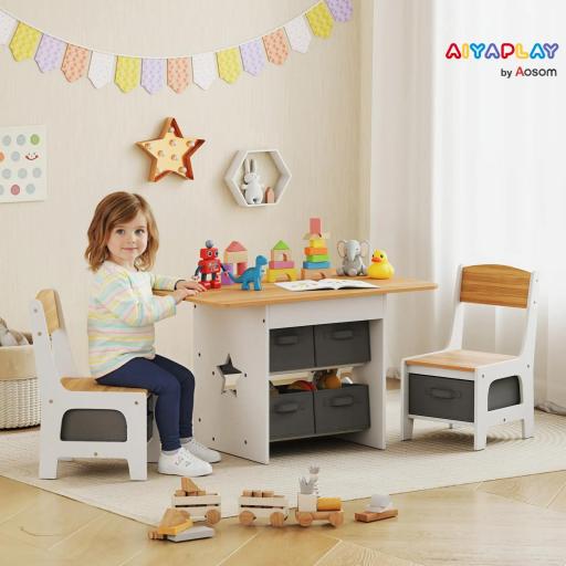 Mesa Infantil con 2 Sillas con 6 Cajones de Tela Diseño Estrellas para Niños y Niñas de 3-8 Años Natural