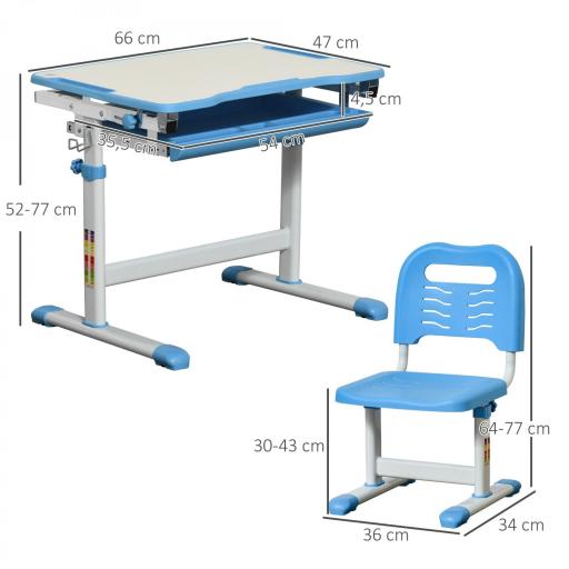 Pupitre Infantil 2 en 1 Juego de Escritorio y Silla para Niños de +6 Años con Altura Ajustable Mesa Regulable en Ángulo y Bandeja Deslizante 66x47x77 cm Azul  [3]
