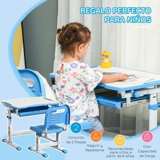 Pupitre Infantil 2 en 1 Juego de Escritorio y Silla para Niños de +6 Años con Altura Ajustable Mesa Regulable en Ángulo y Bandeja Deslizante 66x47x77 cm Azul  [6]