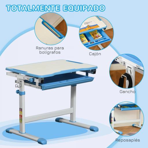 Pupitre Infantil 2 en 1 Juego de Escritorio y Silla para Niños de +6 Años con Altura Ajustable Mesa Regulable en Ángulo y Bandeja Deslizante 66x47x77 cm Azul  [5]