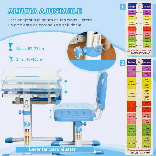 Pupitre Infantil 2 en 1 Juego de Escritorio y Silla para Niños de +6 Años con Altura Ajustable Mesa Regulable en Ángulo y Bandeja Deslizante 66x47x77 cm Azul  [4]