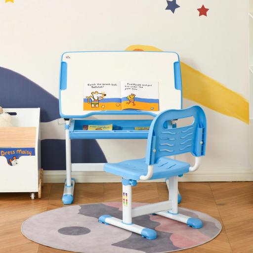 Pupitre Infantil 2 en 1 Juego de Escritorio y Silla para Niños de +6 Años con Altura Ajustable Mesa Regulable en Ángulo y Bandeja Deslizante 66x47x77 cm Azul  [2]