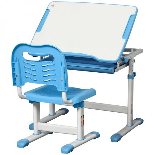 Pupitre Infantil 2 en 1 Juego de Escritorio y Silla para Niños de +6 Años con Altura Ajustable Mesa Regulable en Ángulo y Bandeja Deslizante 66x47x77 cm Azul  [8]