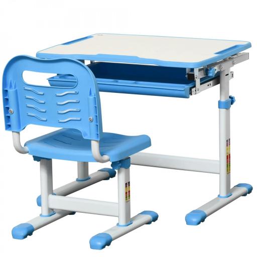 Pupitre Infantil 2 en 1 Juego de Escritorio y Silla para Niños de +6 Años con Altura Ajustable Mesa Regulable en Ángulo y Bandeja Deslizante 66x47x77 cm Azul  [7]