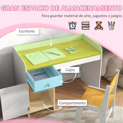 Escritorio para Niños con Silla Conjunto de Escritorio de 2 Piezas con Cajón y Armario Blanco y Natural [2]