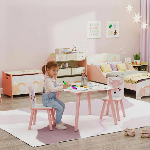 Set de asiento infantil de madera de pino, mesa con 2 sillas, motivo de animales, dormitorio infantil, 3-8 años, rosa 