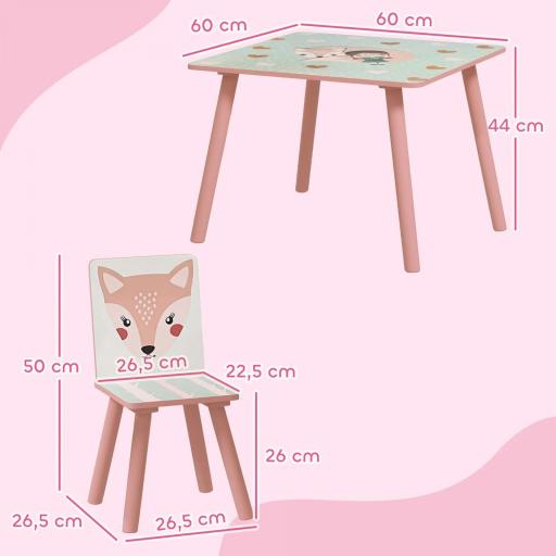 Set de asiento infantil de madera de pino, mesa con 2 sillas, motivo de animales, dormitorio infantil, 3-8 años, rosa  [2]