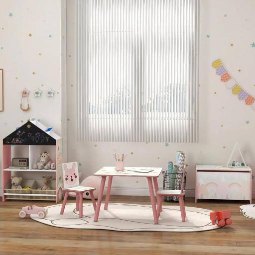 Set de asiento infantil de madera de pino, mesa con 2 sillas, motivo de animales, dormitorio infantil, 3-8 años, rosa  [6]