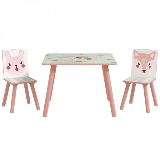 Set de asiento infantil de madera de pino, mesa con 2 sillas, motivo de animales, dormitorio infantil, 3-8 años, rosa  [4]