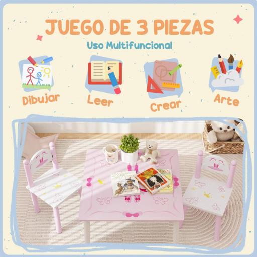 Mesa y Sillas Infantiles para Niños de 2-5 Años de 3 Piezas Mesa Infantil con Sillas para Sala de Juegos Rosa y Blanco [2]