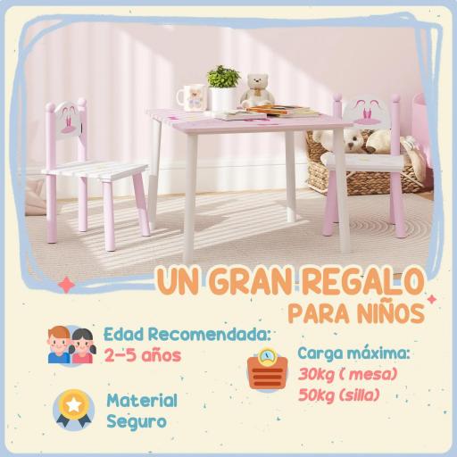 Mesa y Sillas Infantiles para Niños de 2-5 Años de 3 Piezas Mesa Infantil con Sillas para Sala de Juegos Rosa y Blanco [4]