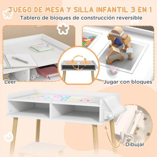 Juego de Mesa y Silla Infantil Mesa para Niños con Tablero de Bloques de Construcción y Rollo de Papel Blanco [4]